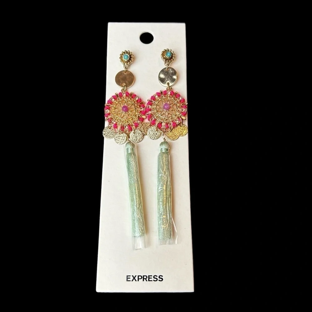 Statement Long Dangle Pierced Earrings From Express Gold Charms Beads & Fringe